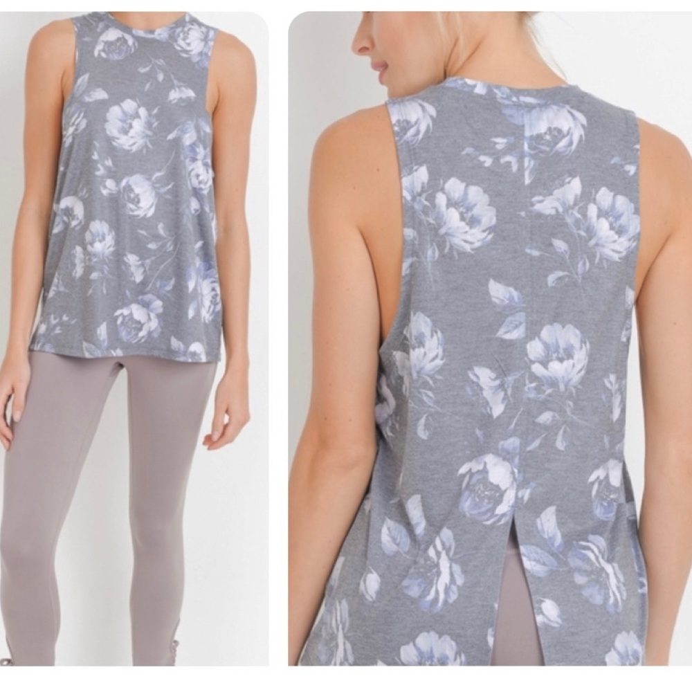 NWT Mono B Grey Floral Shadowbox Muscle Tank Sleeveless Split Back Medium